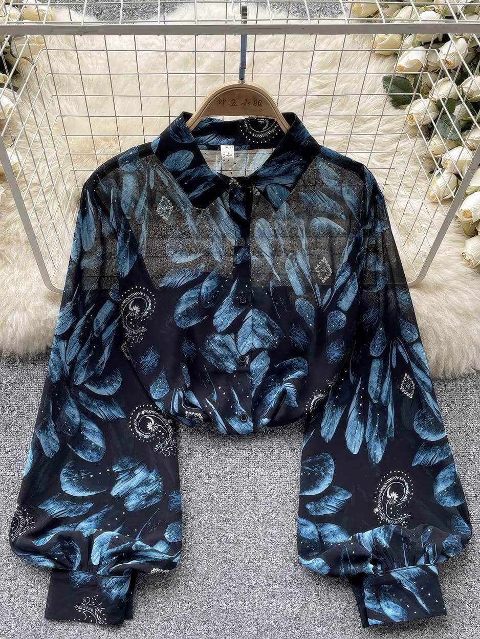 Collared Buttoned Down Lantern Sleeves Floral Shirt MAX SIZE / Retro Botanical Elegance