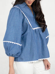 Collared Neck Contrast Trim Balloon Sleeve Blouse