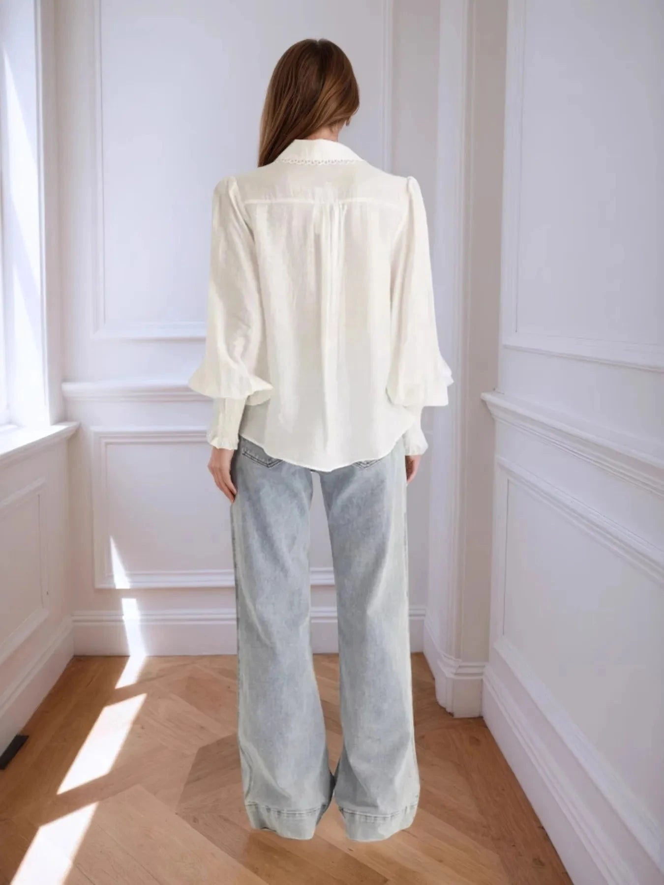 Collared Neck Lantern Sleeve Shirt