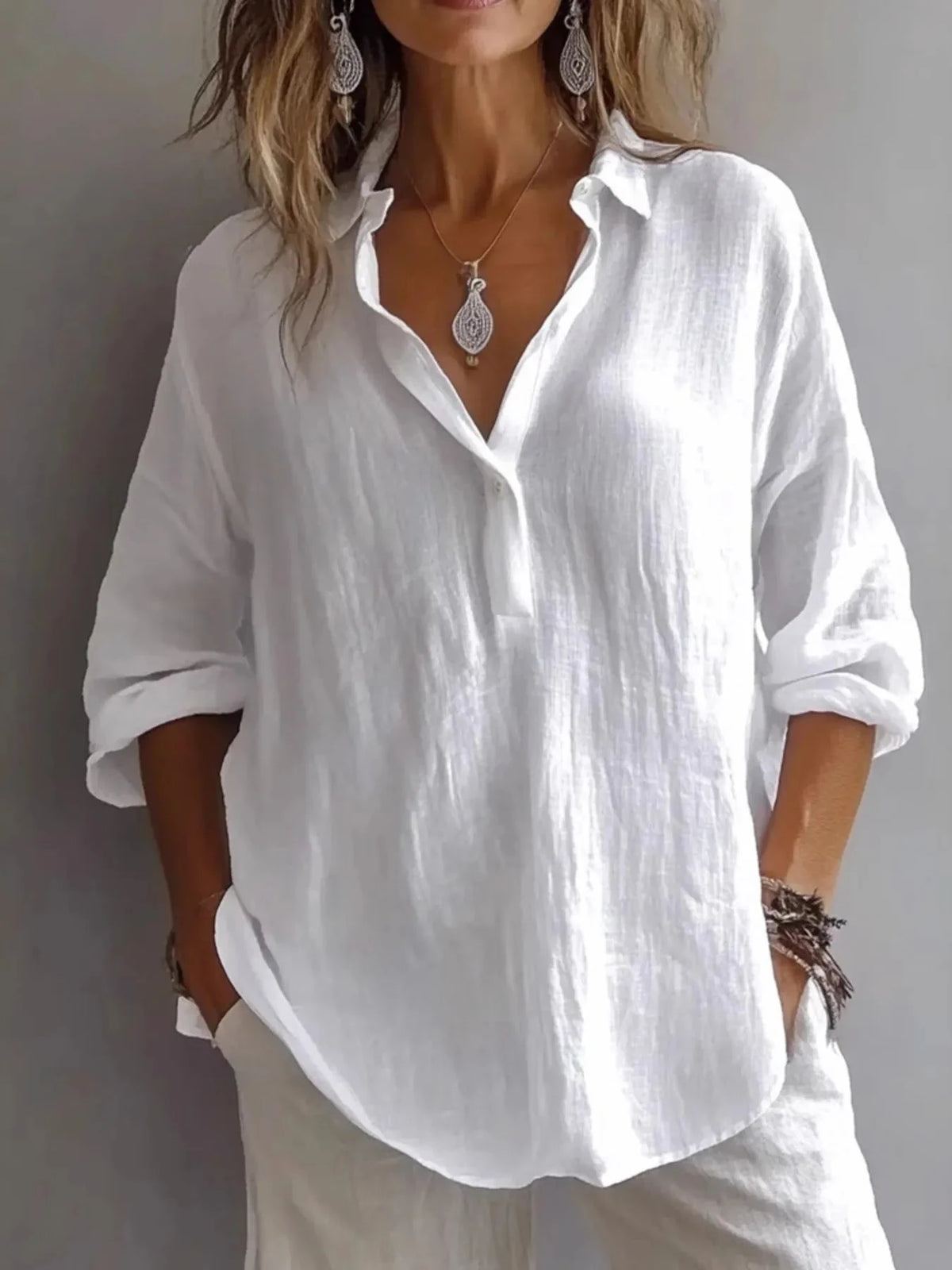 Collared Neck Long Sleeve Shirt White / S