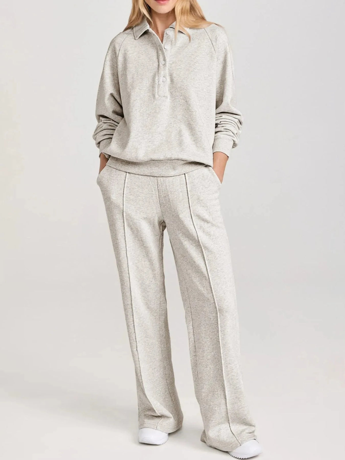 Collared Sweatshirt and High Waist Pants Active Set Light Gray / M