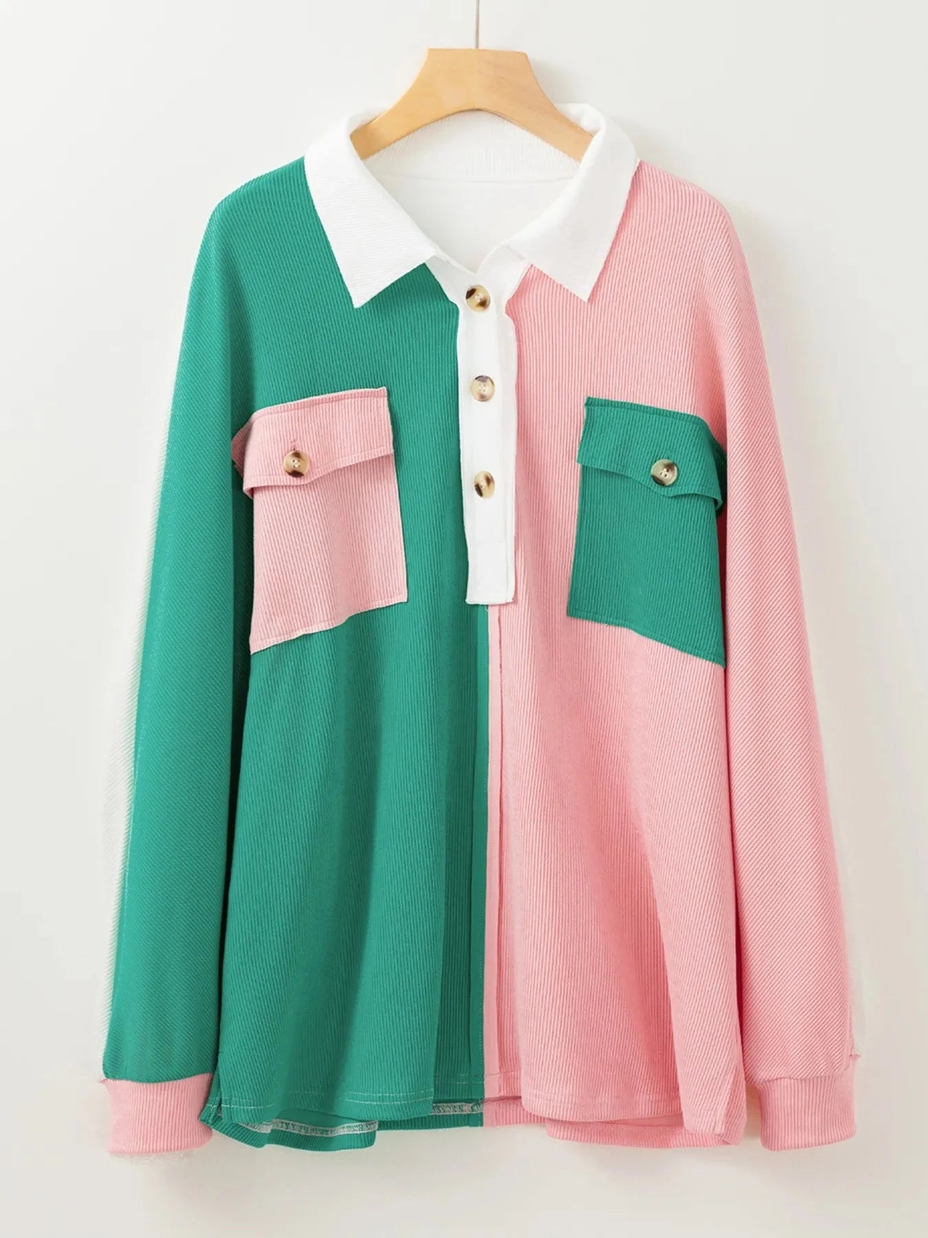 Color Block Button Front Collared Neck Sweatshirt