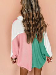 Color Block Button Front Collared Neck Sweatshirt