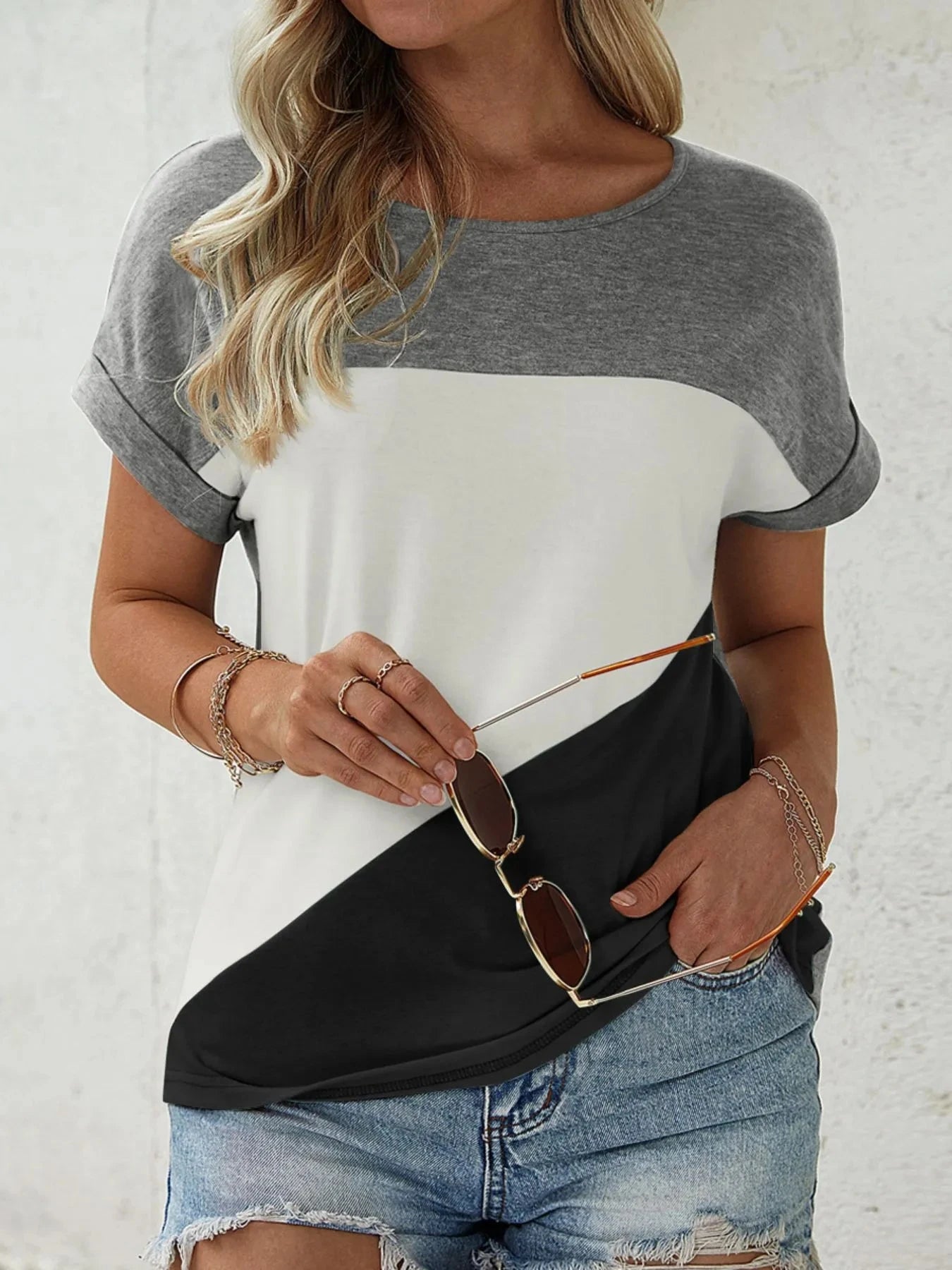 Color Block Casual T-Shirt Gray / S