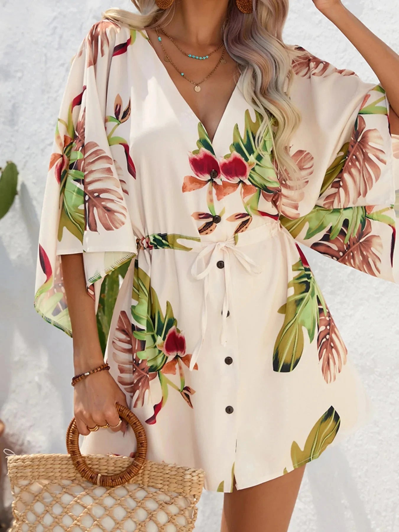 Color Block Drawstring Waist Button Up Dress