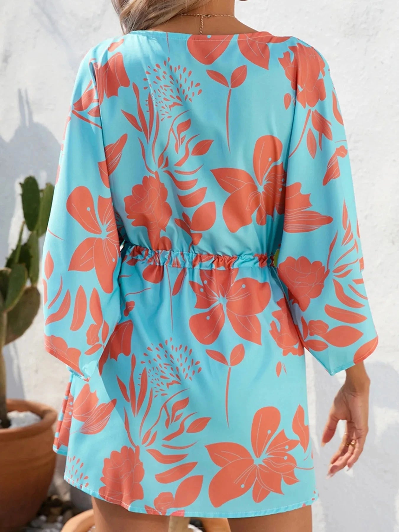 Color Block Drawstring Waist Button Up Dress