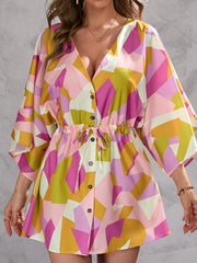 Color Block Drawstring Waist Button Up Dress