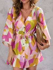 Color Block Drawstring Waist Button Up Dress Pink / S