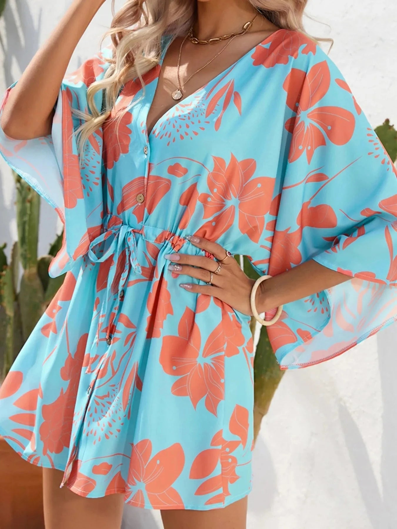 Color Block Drawstring Waist Button Up Dress Sky Blue / S