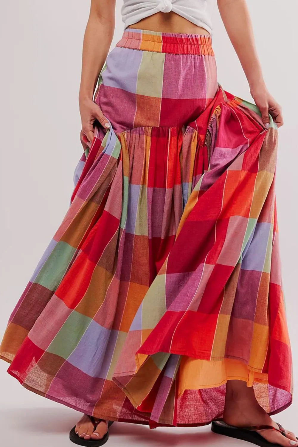 Color Block Elastic Waist Maxi Skirt Plaid / S