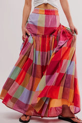 Color Block Elastic Waist Maxi Skirt Plaid / S