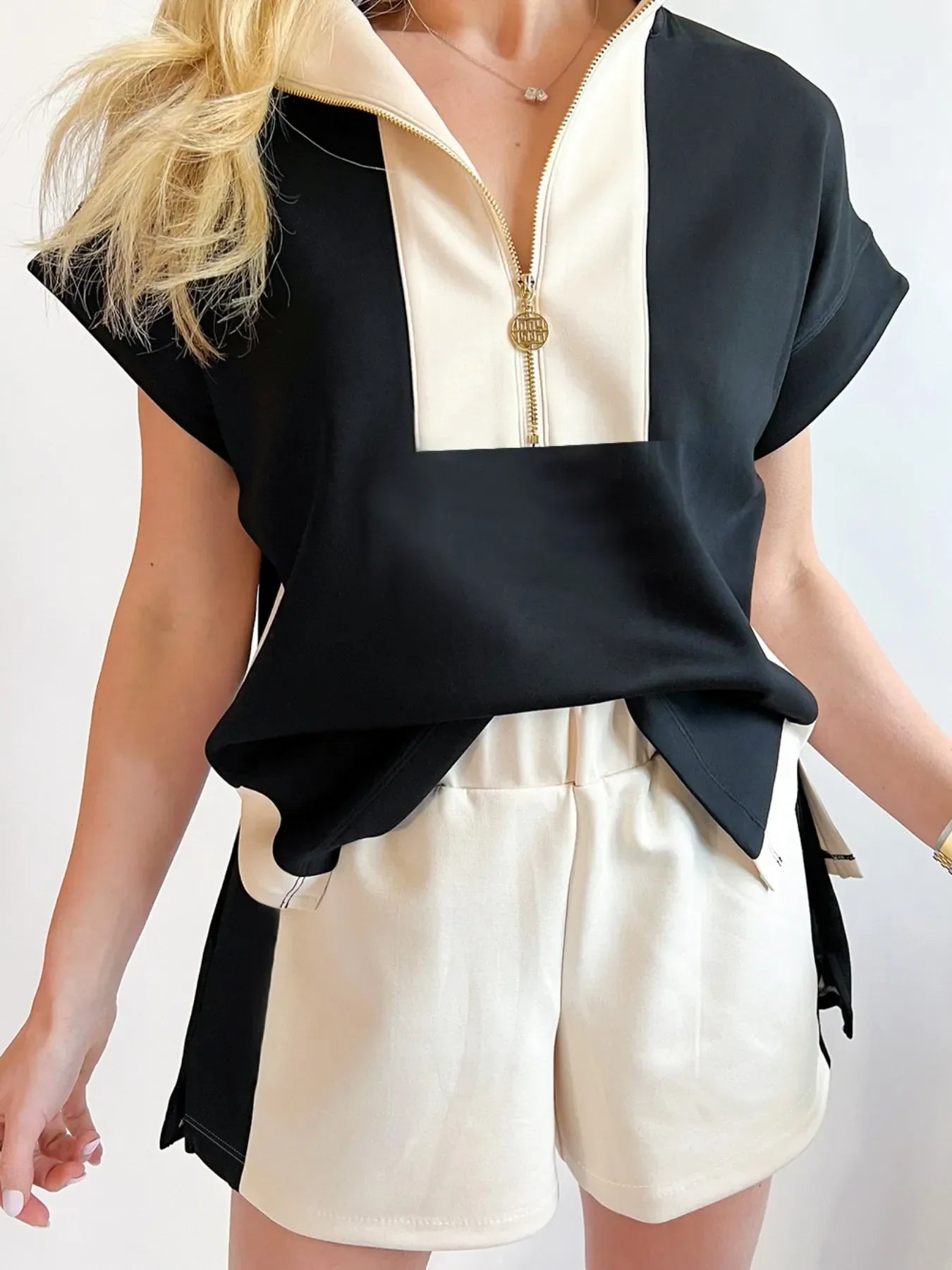 Color Block Half Zip Top and Shorts Two-Piece Set