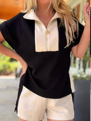 Color Block Half Zip Top and Shorts Two-Piece Set