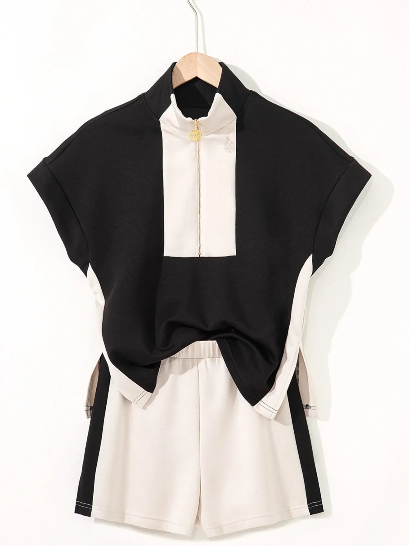 Color Block Half Zip Top and Shorts Two-Piece Set