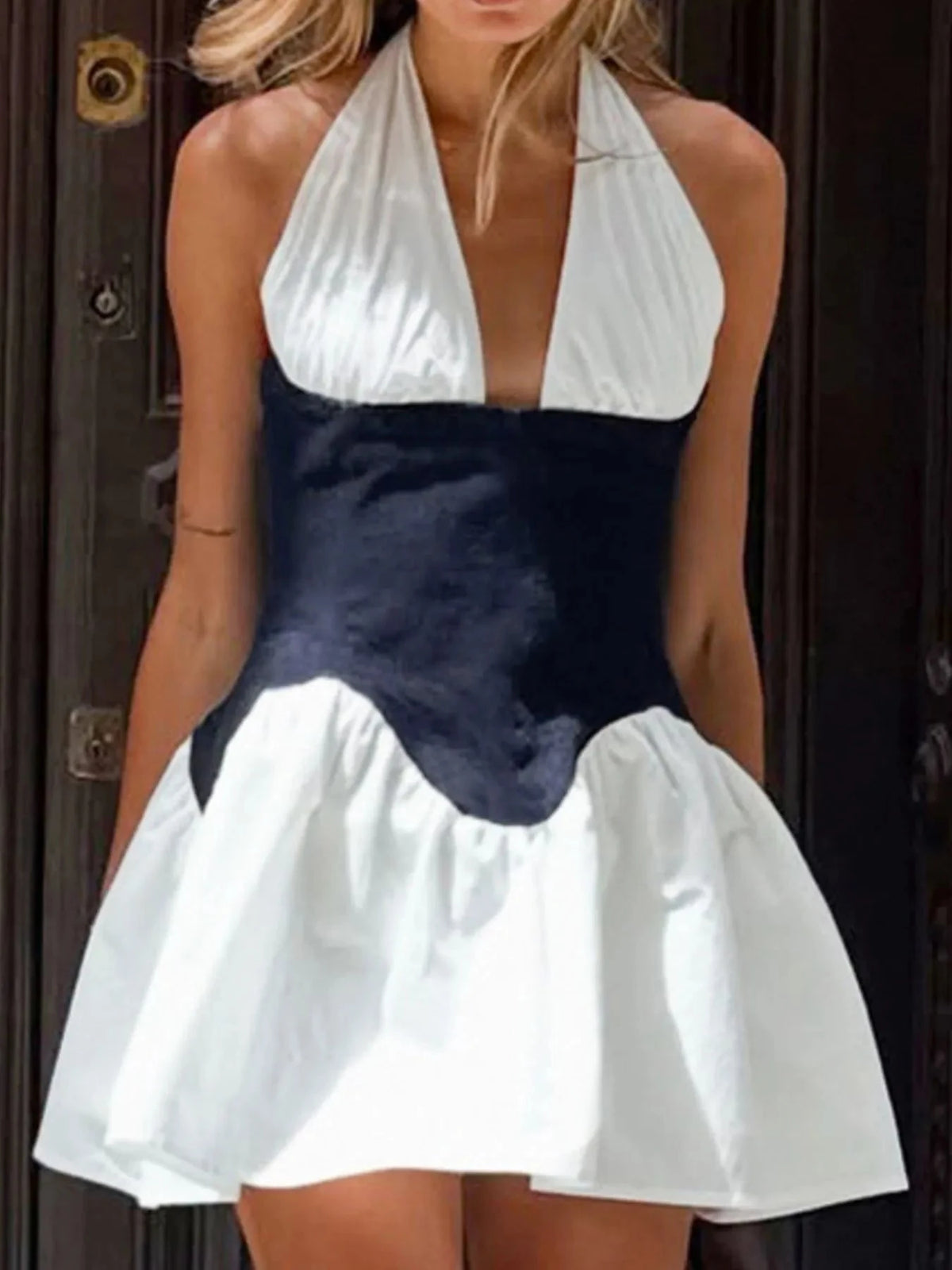 Color Block Halter Neck Dress White / S