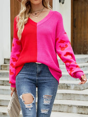 Color Block Leopard V-Neck Sweater Hot Pink / S