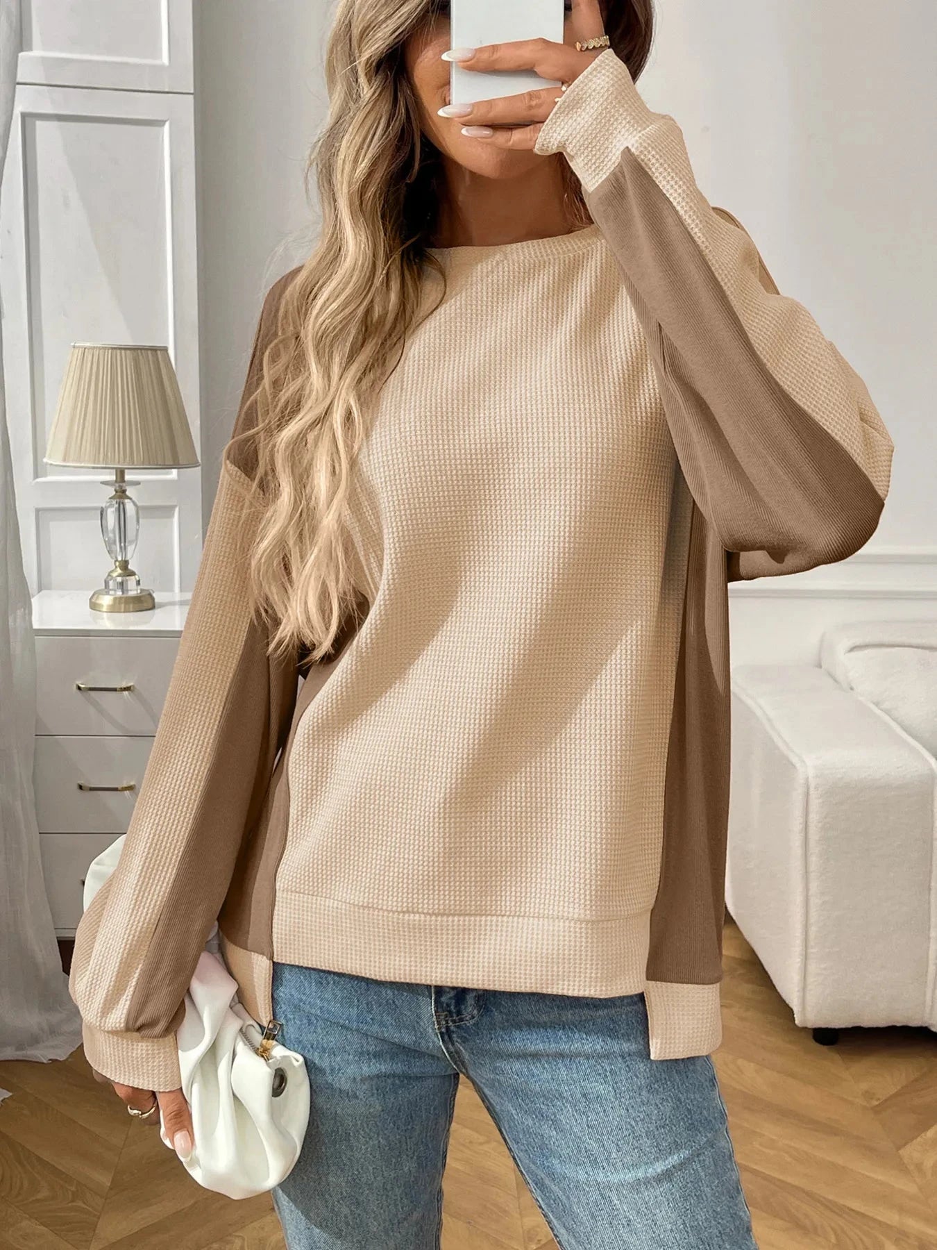 Color Block Long Sleeve Sweatshirt Apricot / S