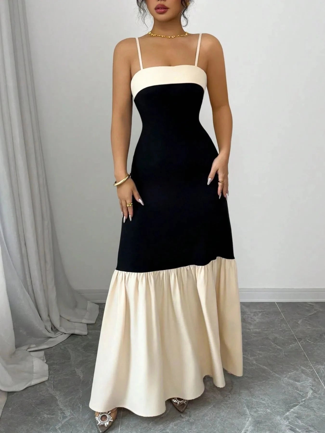 Color Block Maxi Cami Dress Black / S