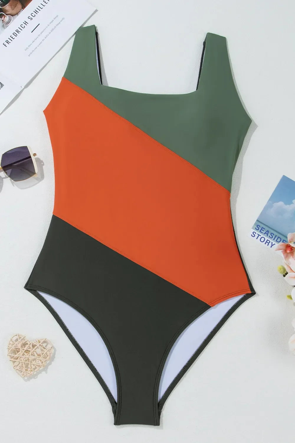Color Block Padded Square Neck One Piece Swimsuit