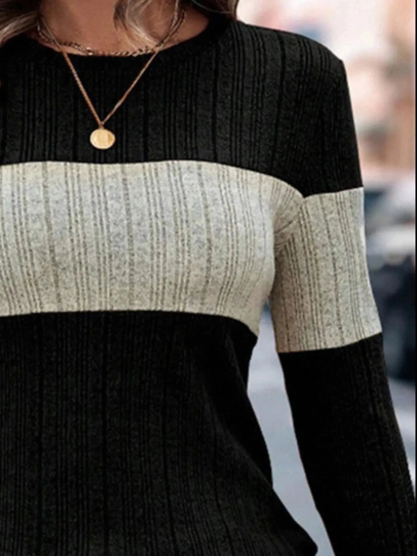 Color Block Round Neck Long Sleeve Sweater