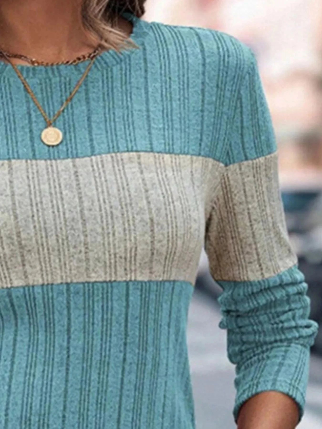 Color Block Round Neck Long Sleeve Sweater