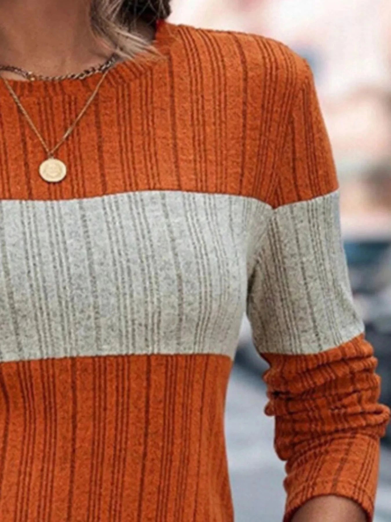 Color Block Round Neck Long Sleeve Sweater