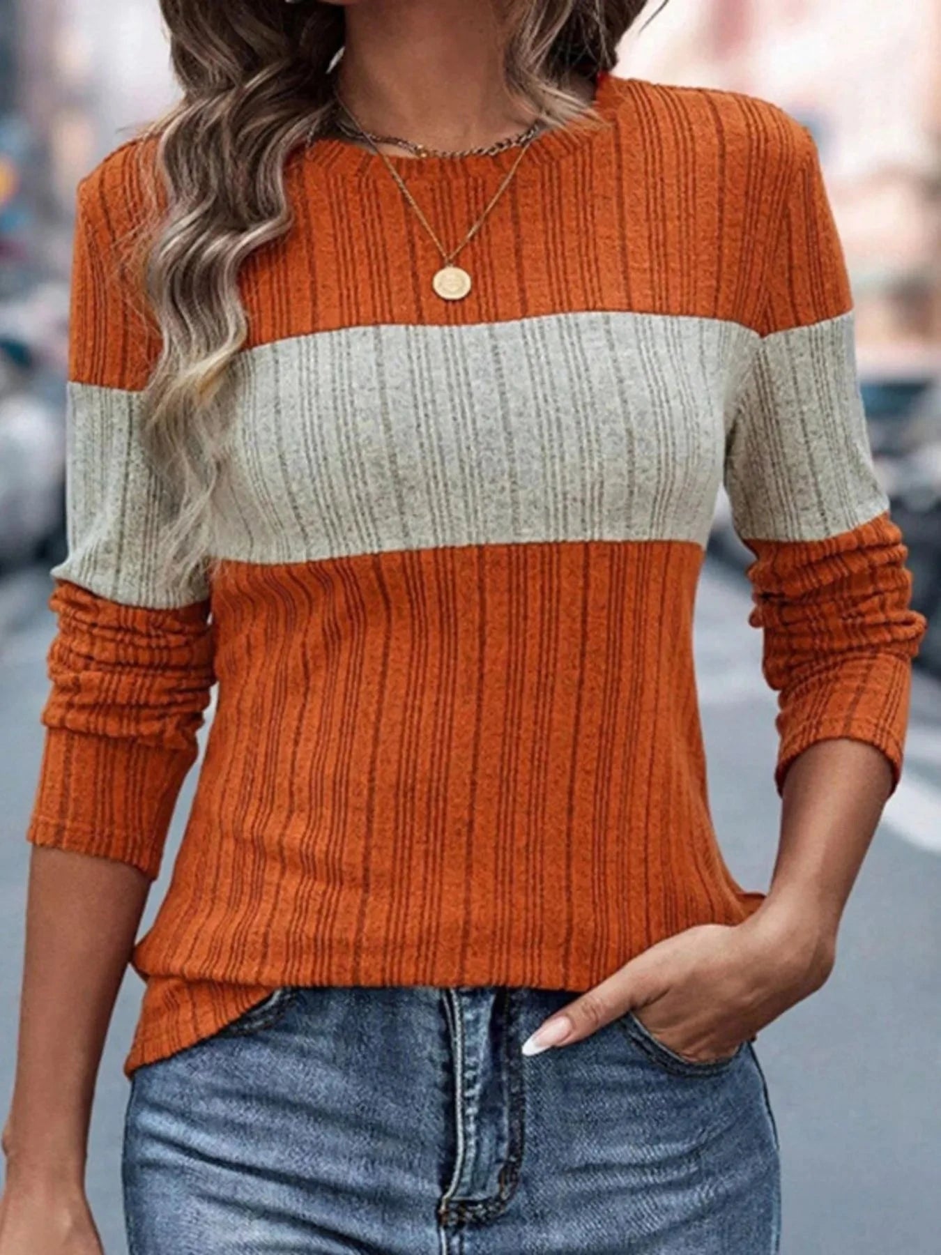 Color Block Round Neck Long Sleeve Sweater Orange / S