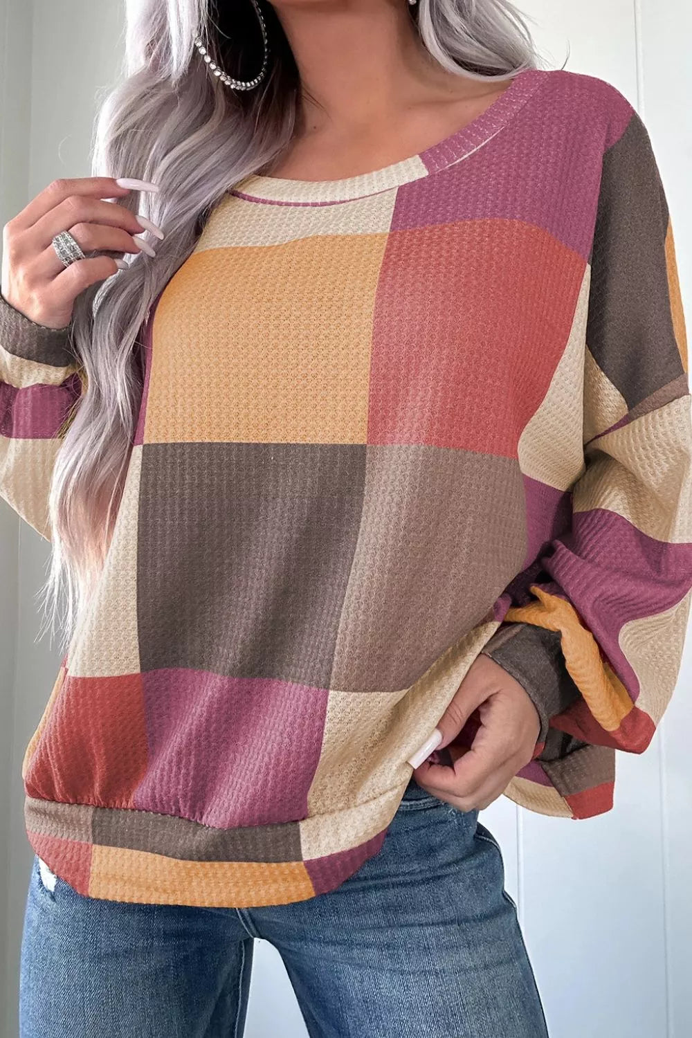 Color Block Round Neck Long Sleeve Top Multicolor / S