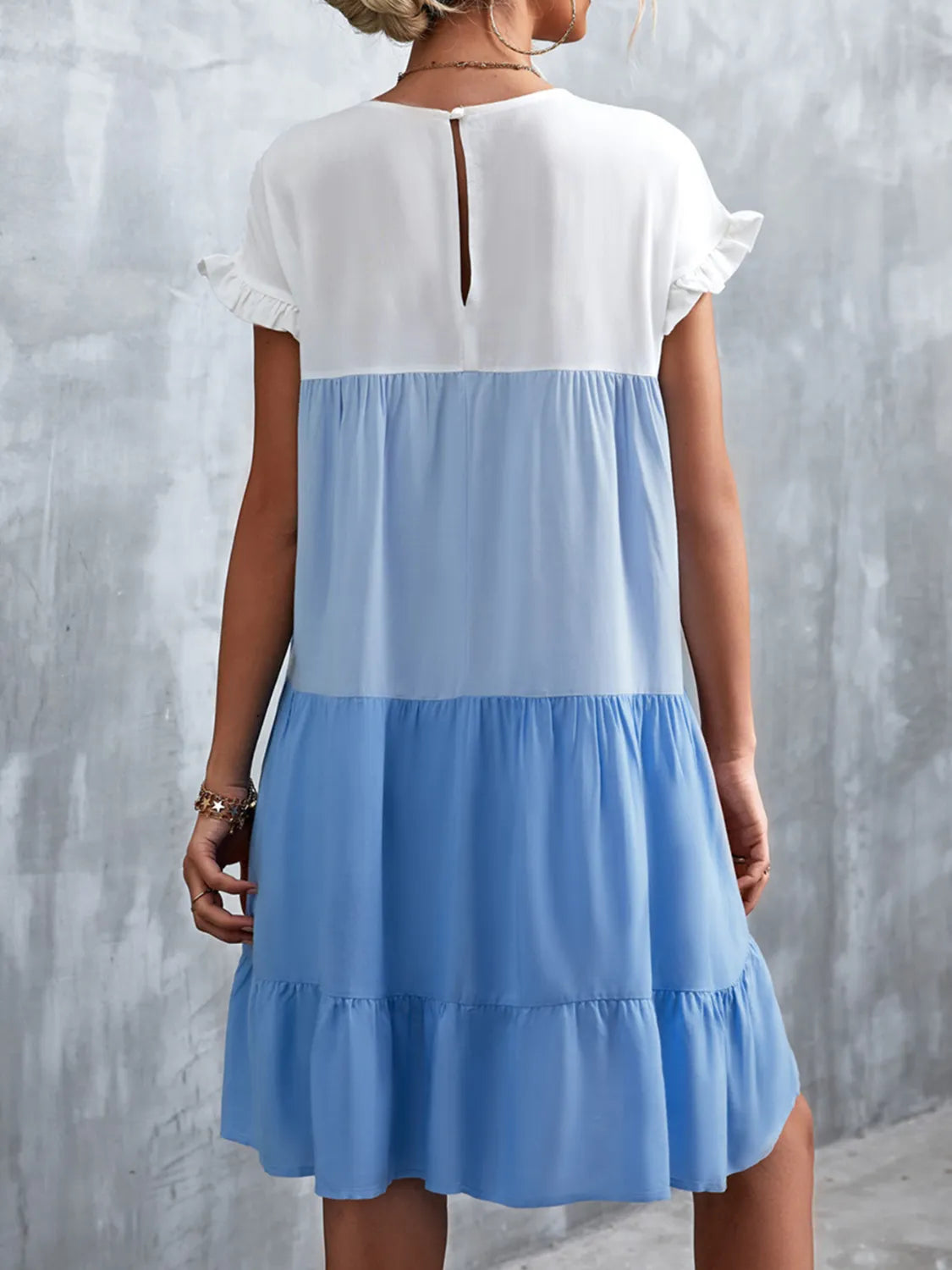 Color Block Round Neck Short Sleeve Dress