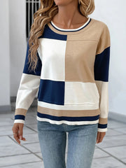 Color Block Round Neck Sweater with Ribbed Trim