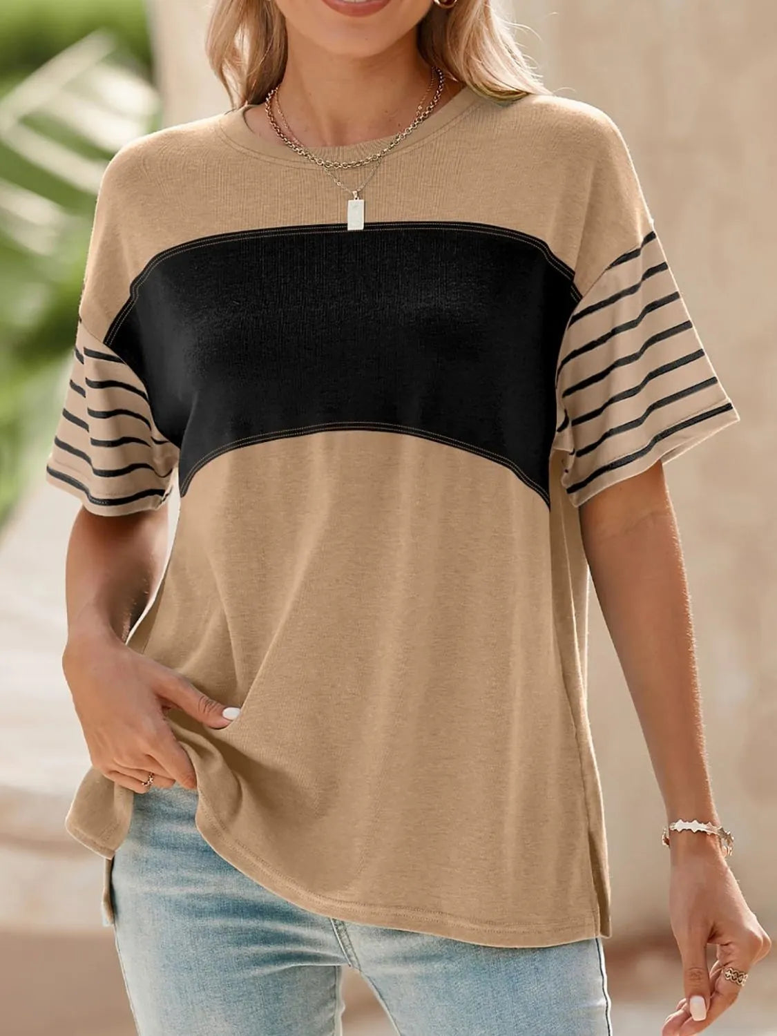 Color Block Striped Sleeve Casual T-Shirt