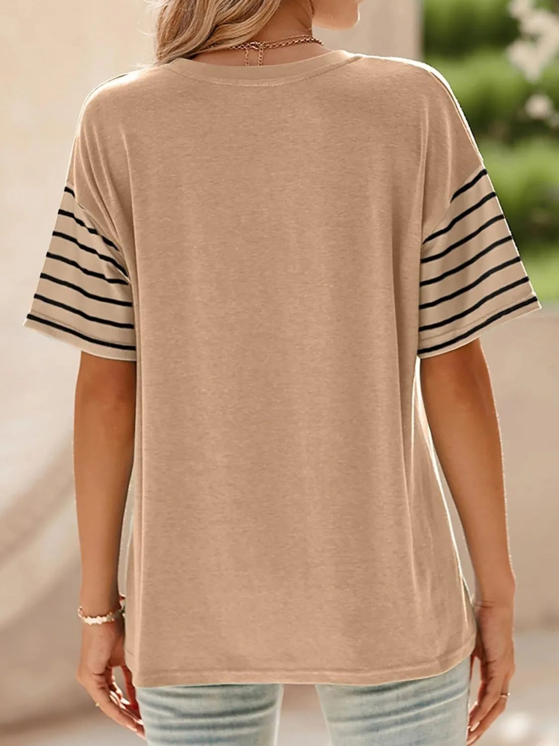 Color Block Striped Sleeve Casual T-Shirt