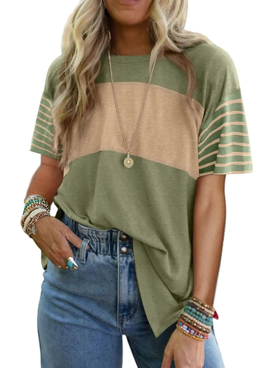 Color Block Striped Sleeve Casual T-Shirt