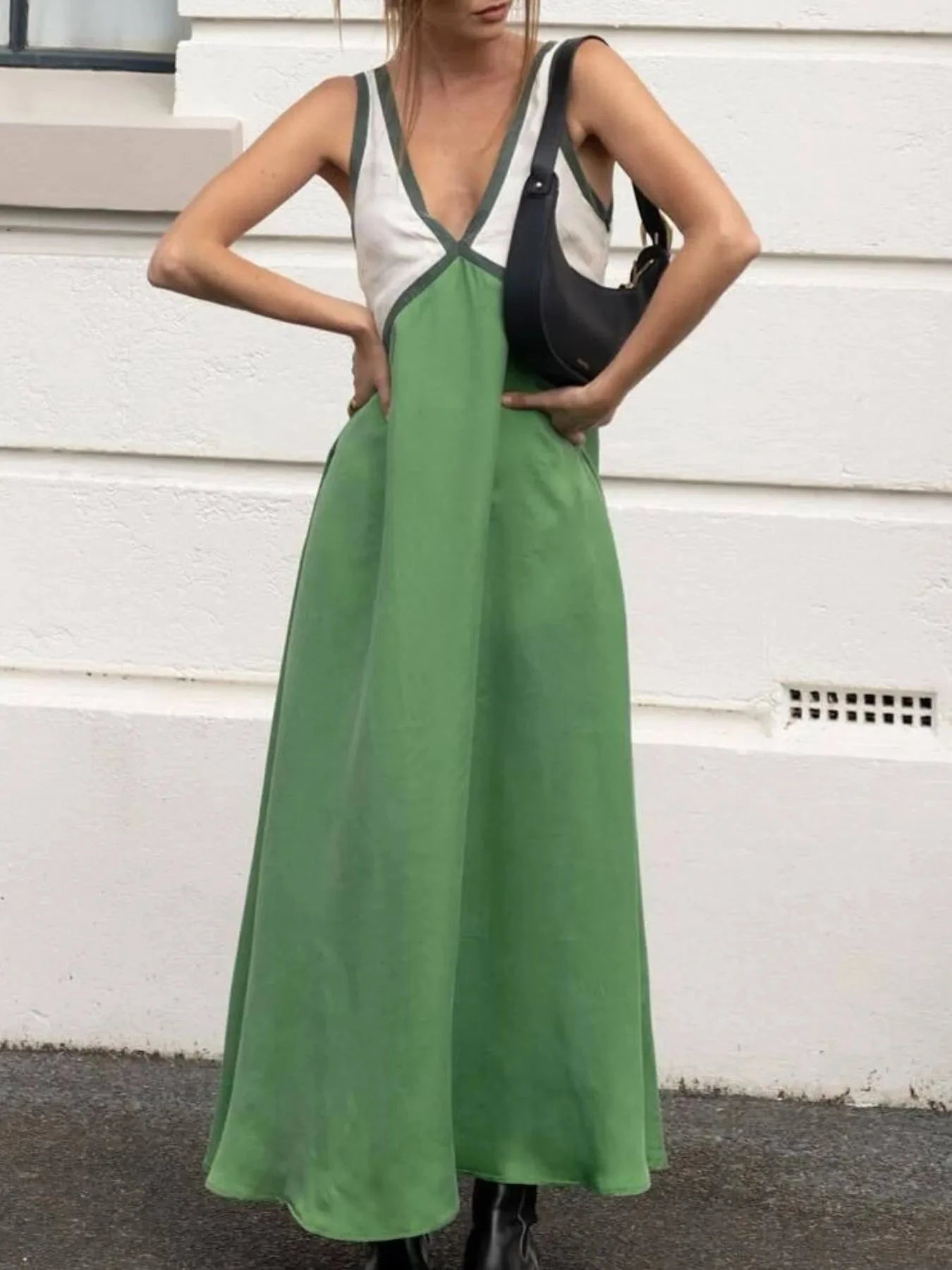 Color Block V-Neck Sleeveless Maxi Dress