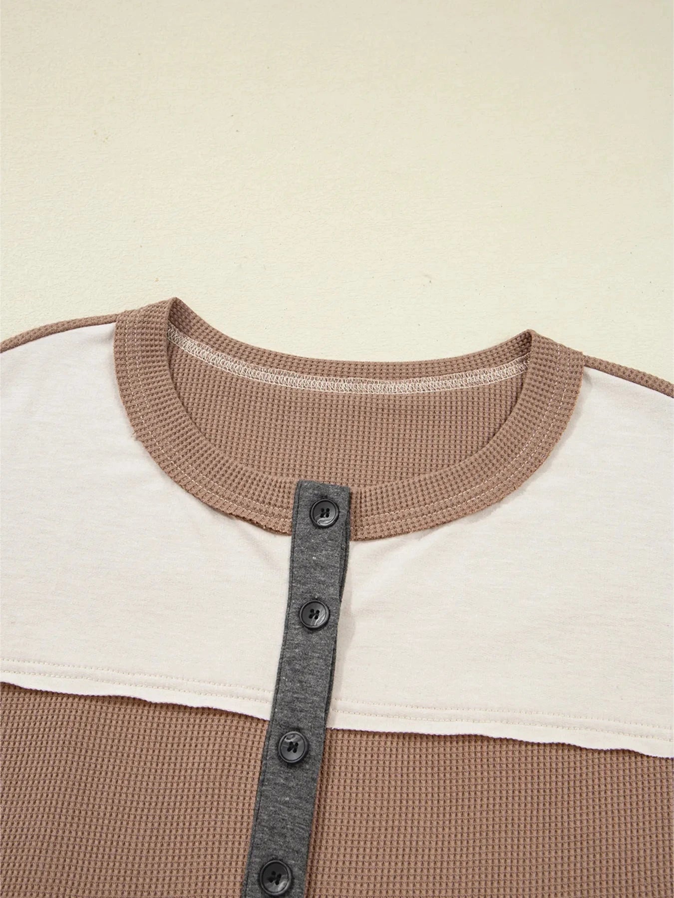 Color Block Waffled Loose Henley Top