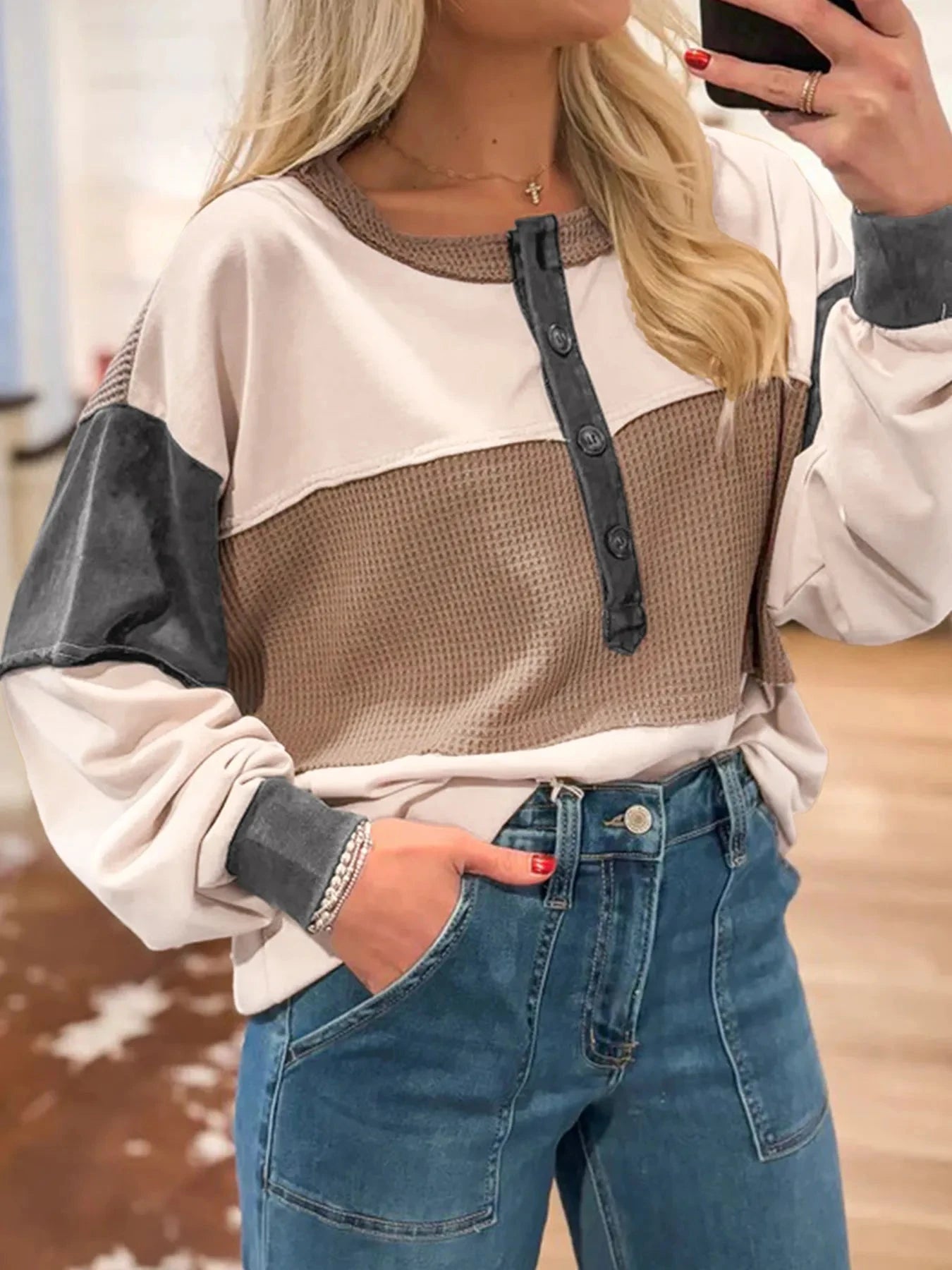 Color Block Waffled Loose Henley Top Mocha / S