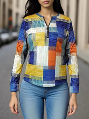 Color Block Zip Front Long Sleeve Top