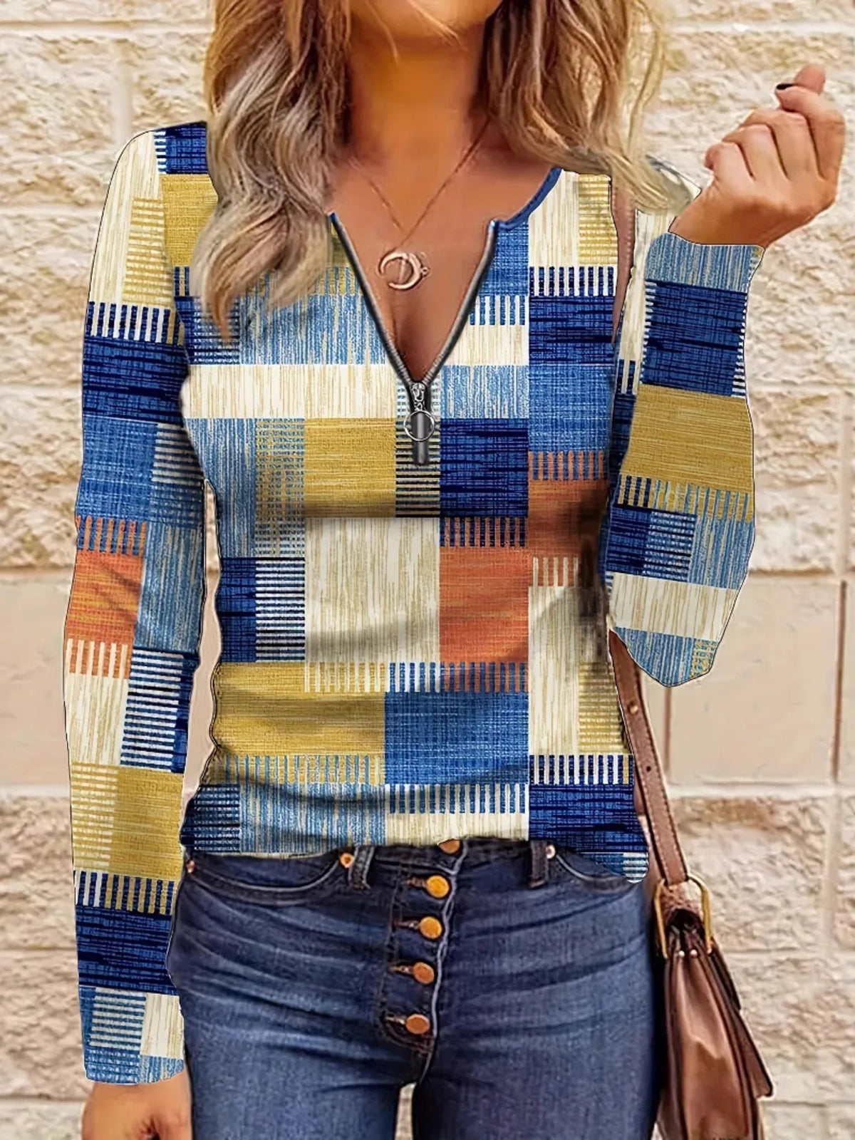 Color Block Zip Front Long Sleeve Top Sky Blue / S