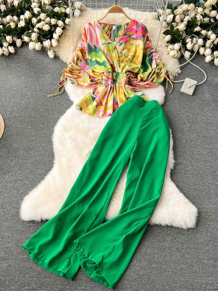 Colorblock Ruched Top High Waist Pants MAX SIZE / Bloom Block