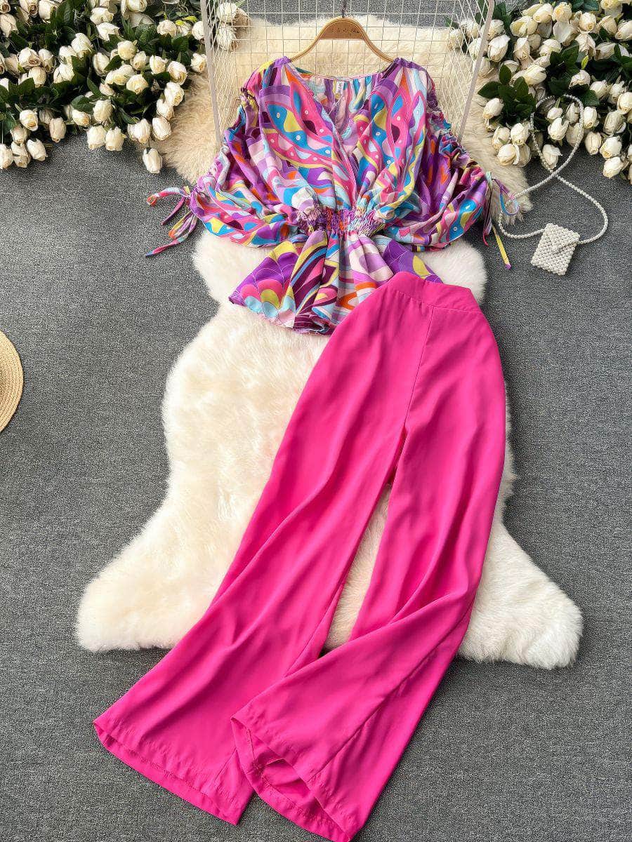 Colorblock Ruched Top High Waist Pants MAX SIZE / Floral Fusion