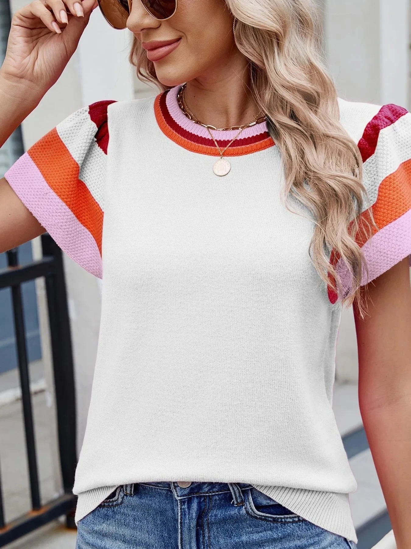 Colorblock Striped Short Sleeve Sweater