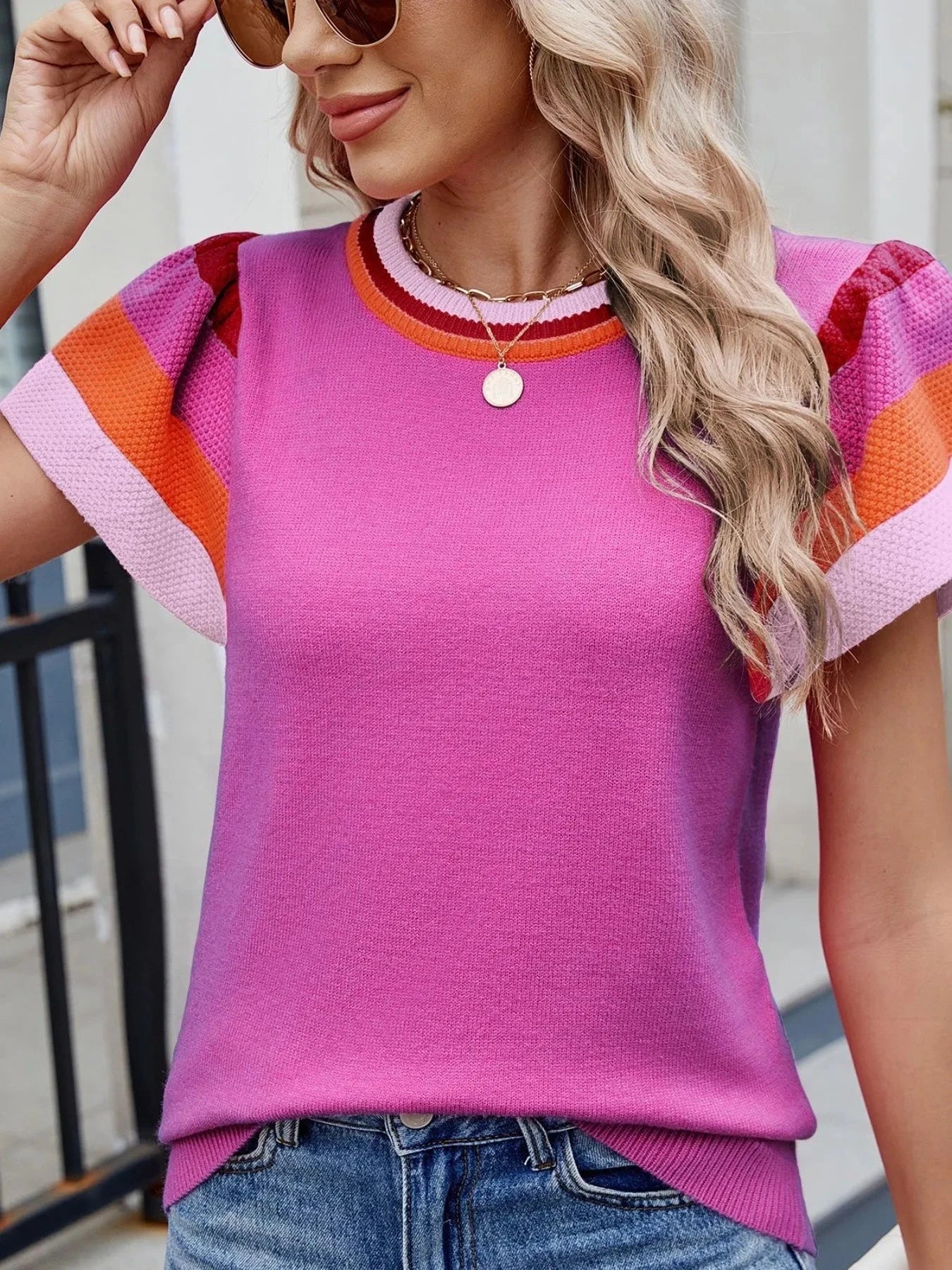 Colorblock Striped Short Sleeve Sweater