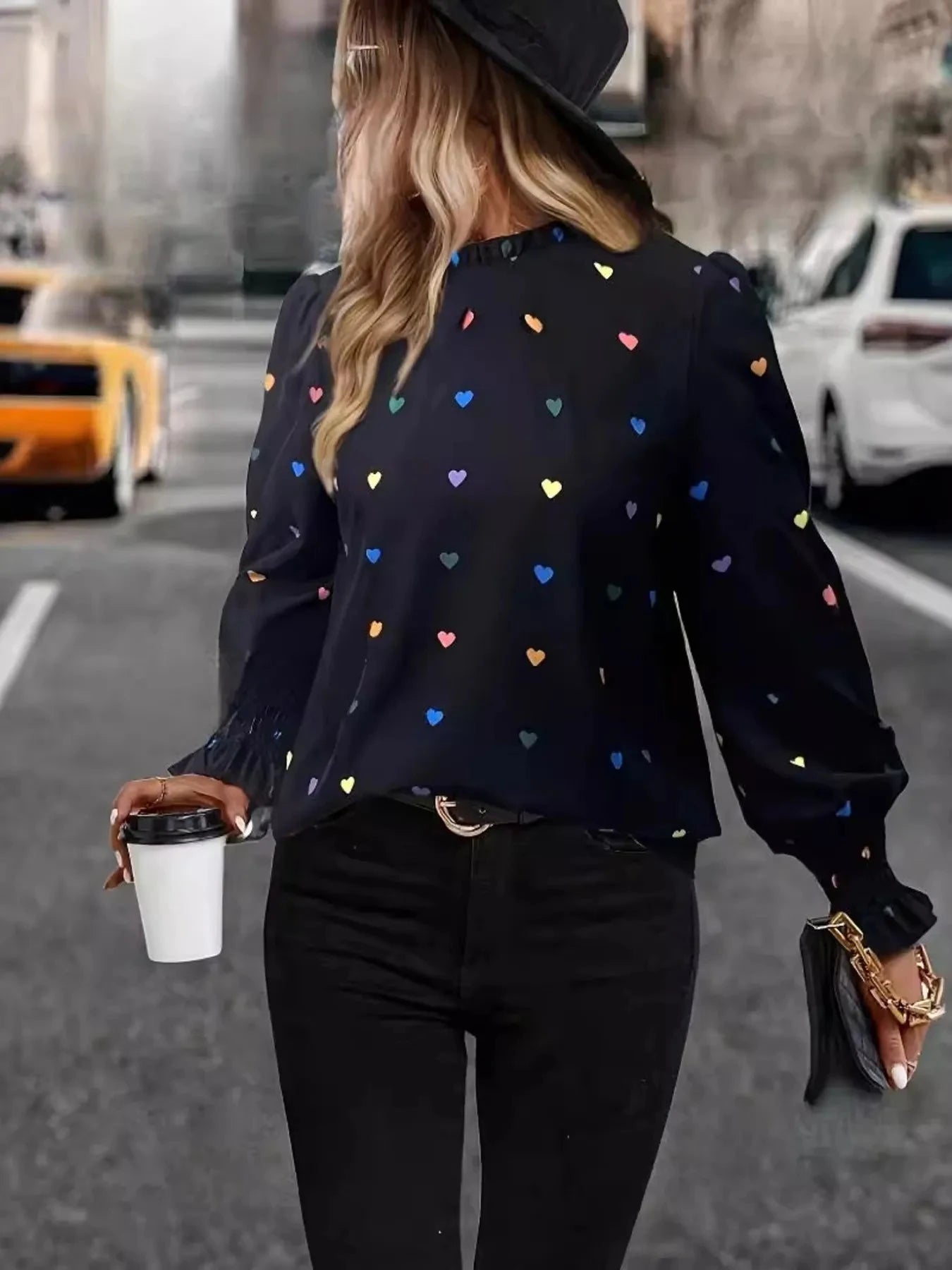 Colorful Heart Print Lantern Sleeve Blouse