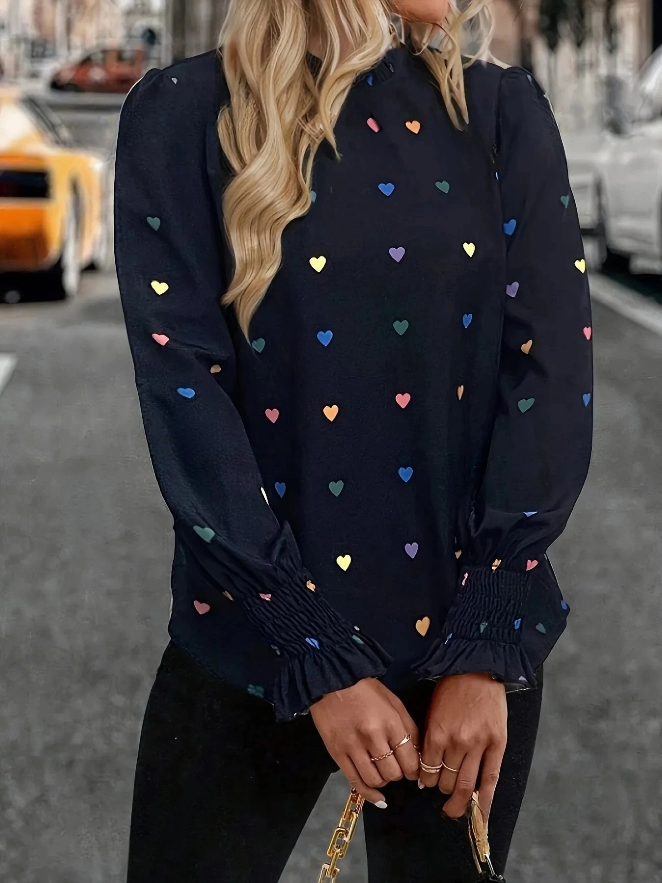 Colorful Heart Print Lantern Sleeve Blouse