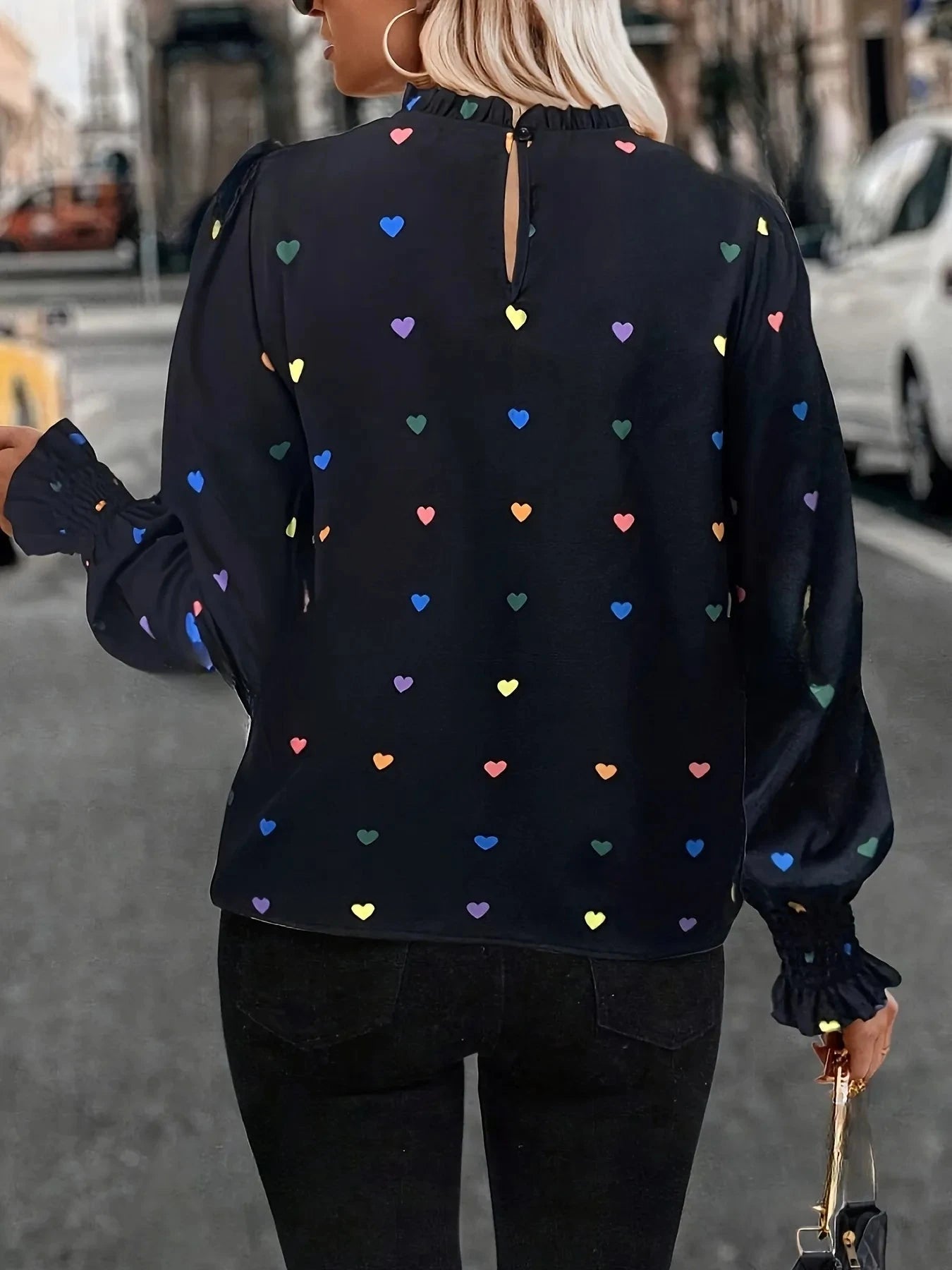 Colorful Heart Print Lantern Sleeve Blouse