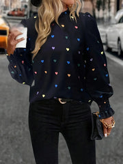 Colorful Heart Print Lantern Sleeve Blouse Navy Blue / S