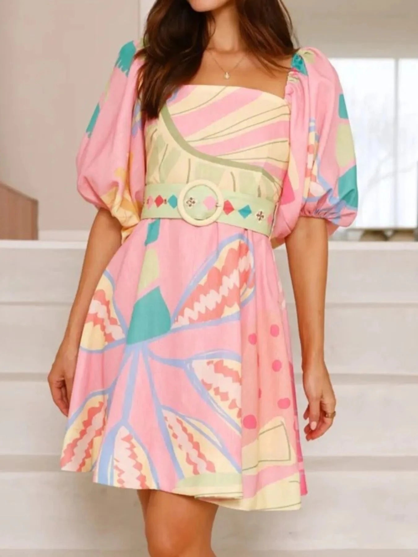Colorful Print Belted Mini Dress with Puff Sleeves