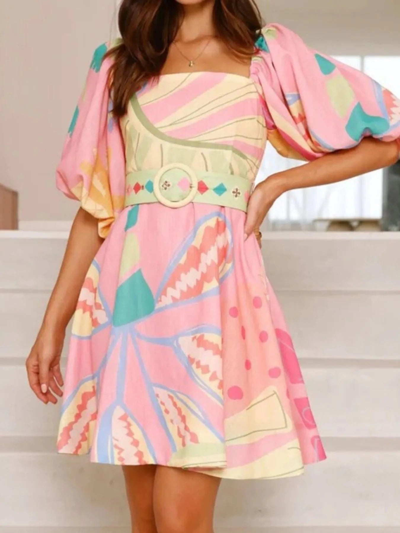 Colorful Print Belted Mini Dress with Puff Sleeves