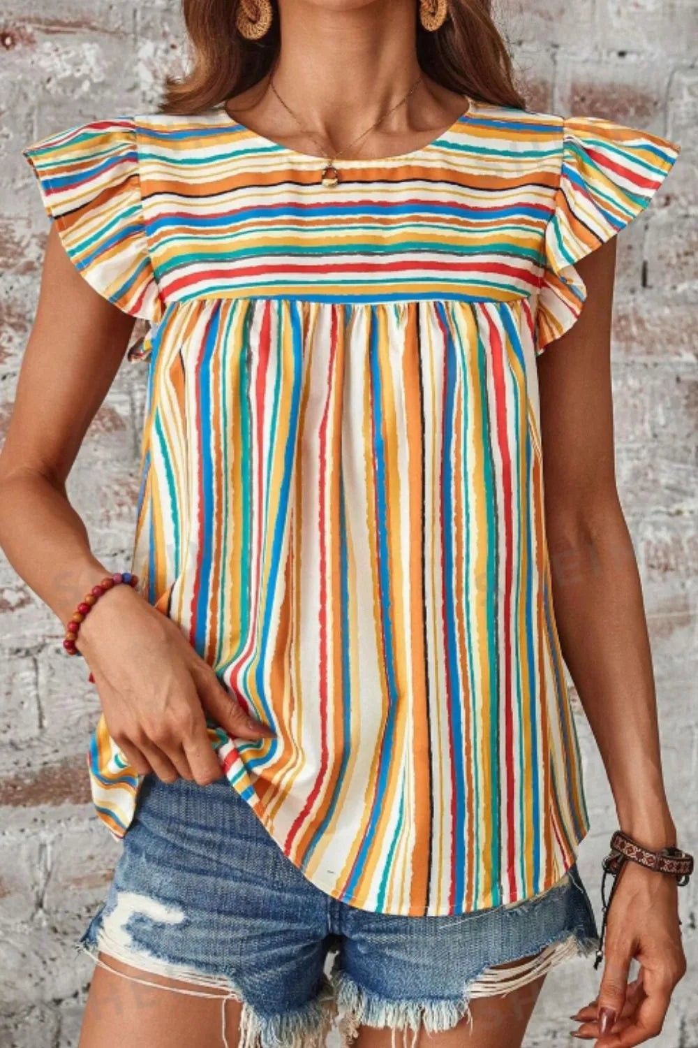Colorful Striped Cap Sleeve Blouse Multicolor / S