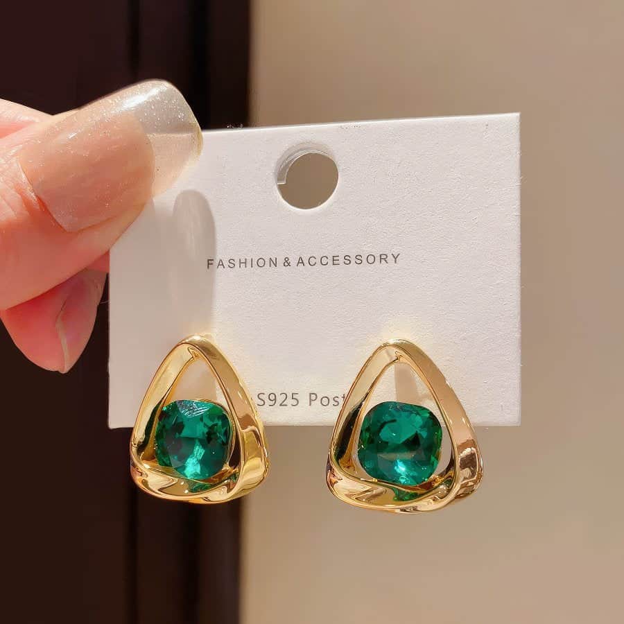 Contemporary Gold Tone Teardrop Stud Earrings with Faceted Emerald Green Cubic Zirconia Green